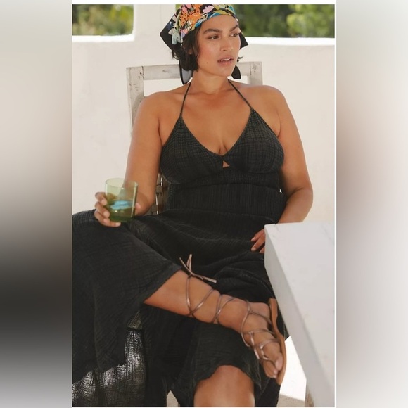 ANTHROPOLOGIE The Teagan Smocked Halter Dress Gauzy Cotton Washed Black Dress XL - Picture 2 of 8